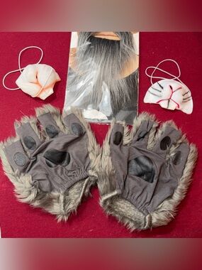 Mouse Rat GRAY faux Fur Costume Accessories SET 5 Pieces Paws, Face Hair, Snout